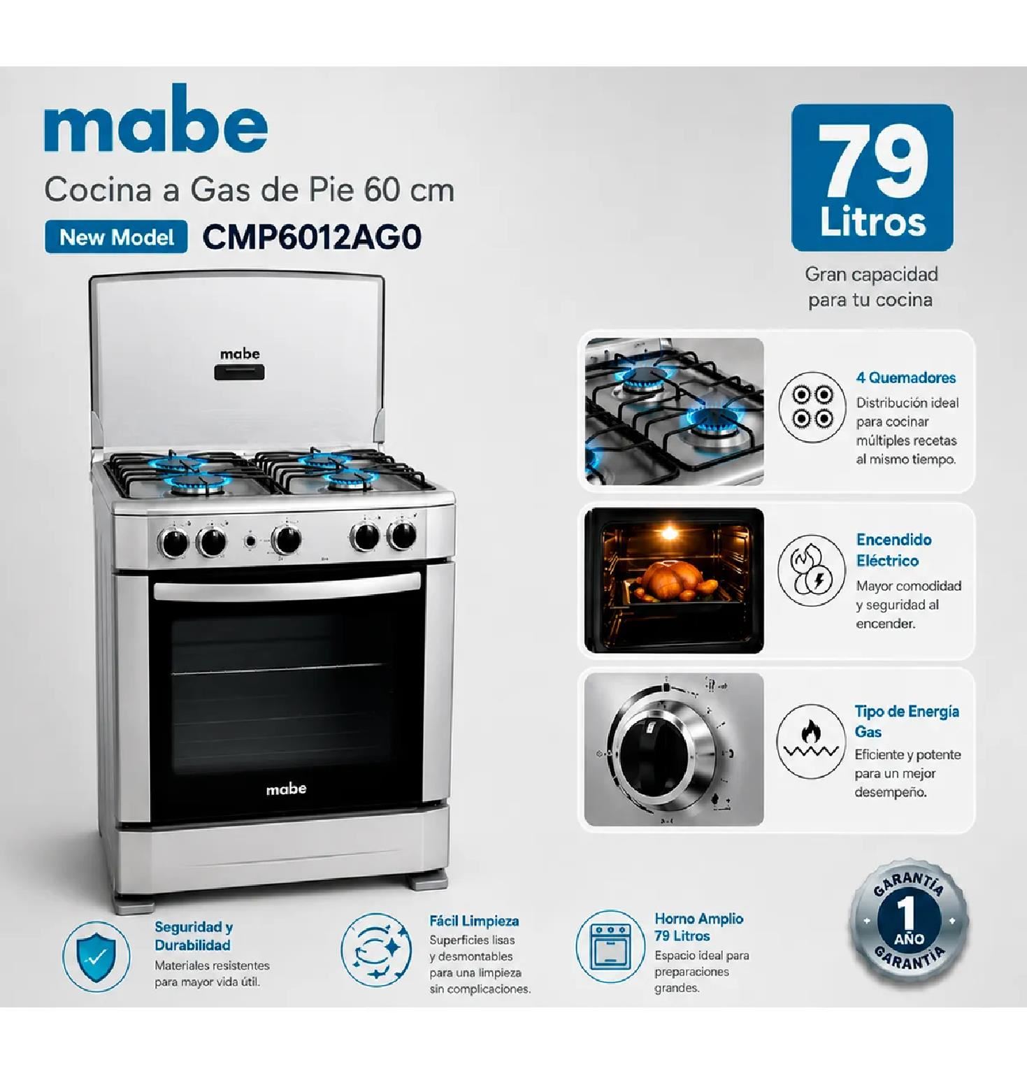 Cocina a Gas Mabe CMP6012AG0 de 60cm con 4 Quemadores - Silver